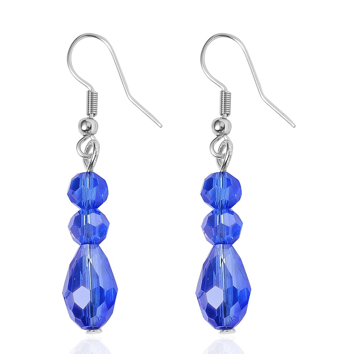 Sapphire Blue Glass, Resin Waterfall Necklace 16-20 Inches and Earrings in Silvertone & Stainless Steel