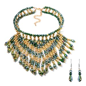 Green Glass, Resin Waterfall Necklace 16-20 Inches and Earrings in Goldtone & Stainless Steel