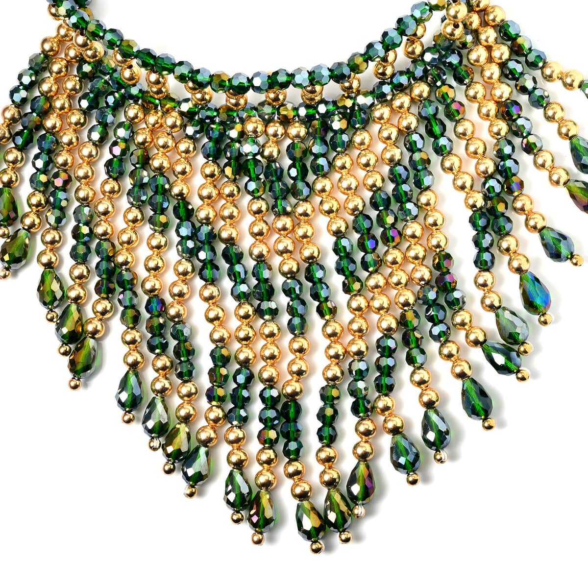 Green Glass, Resin Waterfall Necklace 16-20 Inches and Earrings in Goldtone & Stainless Steel image number 2