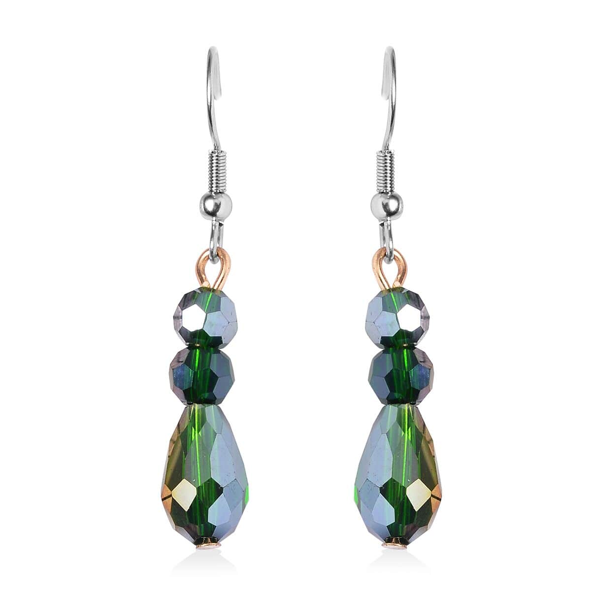 Green Glass, Resin Waterfall Necklace 16-20 Inches and Earrings in Goldtone & Stainless Steel image number 5