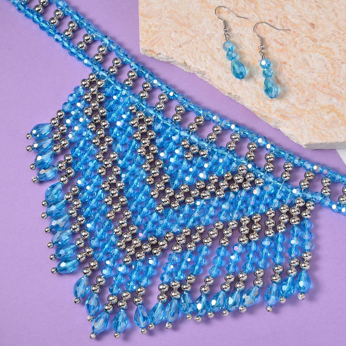 Blue Glass, Resin Waterfall Necklace 16-20 Inches and Earrings in Silvertone & Stainless Steel image number 1