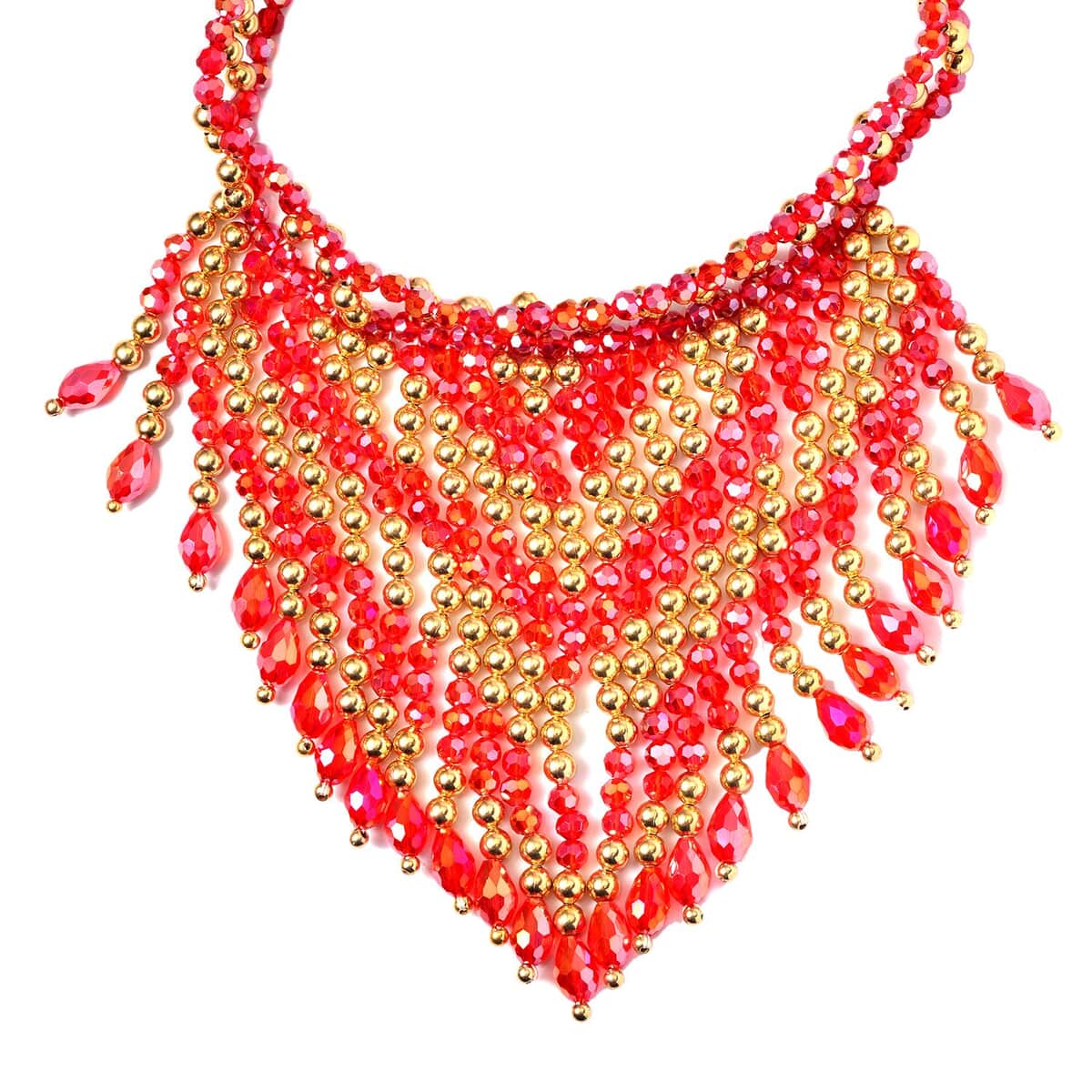 Red Glass, Resin Waterfall Necklace 16-20 Inches and Earrings in Goldtone & Stainless Steel image number 2