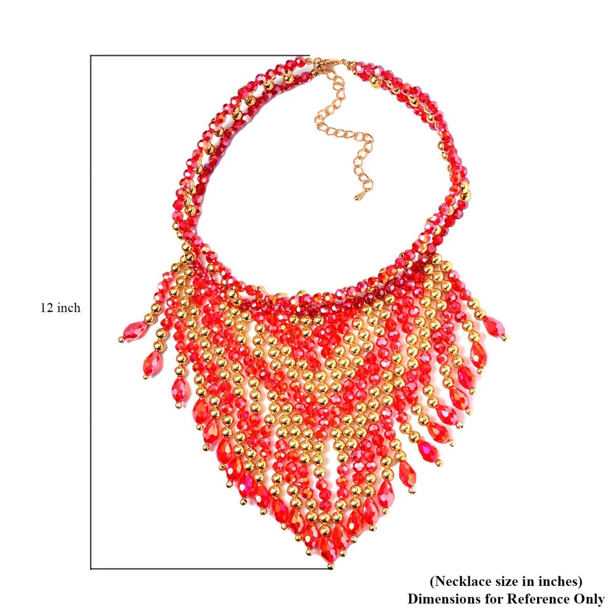 Red Glass, Resin Waterfall Necklace 16-20 Inches and Earrings in Goldtone & Stainless Steel image number 4