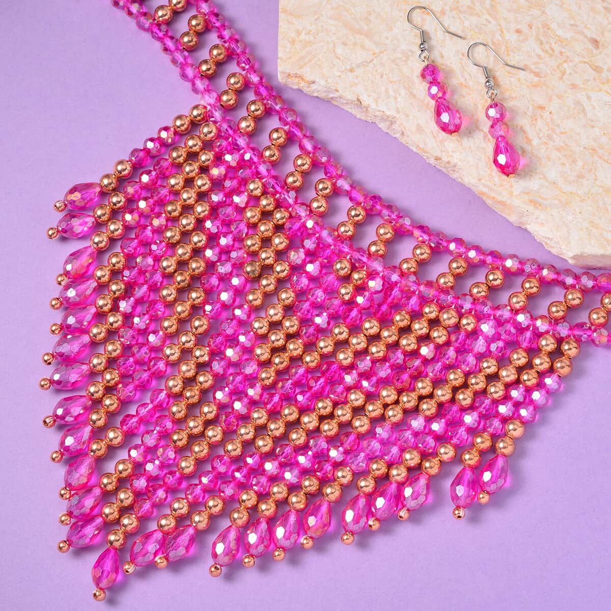 Fuchsia Glass, Resin Waterfall Necklace 16-20 Inches and Earrings in Rosetone & Stainless Steel image number 1