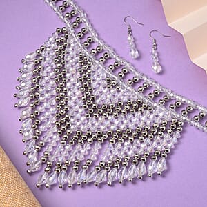 White Aurora Borealis Glass, Resin Waterfall Necklace 16-20 Inches and Earrings in Silvertone & Stainless Steel