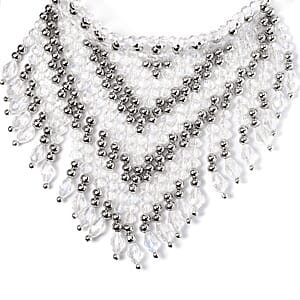 White Aurora Borealis Glass, Resin Waterfall Necklace 16-20 Inches and Earrings in Silvertone & Stainless Steel