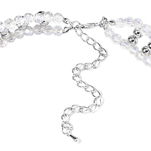 White Aurora Borealis Glass, Resin Waterfall Necklace 16-20 Inches and Earrings in Silvertone & Stainless Steel