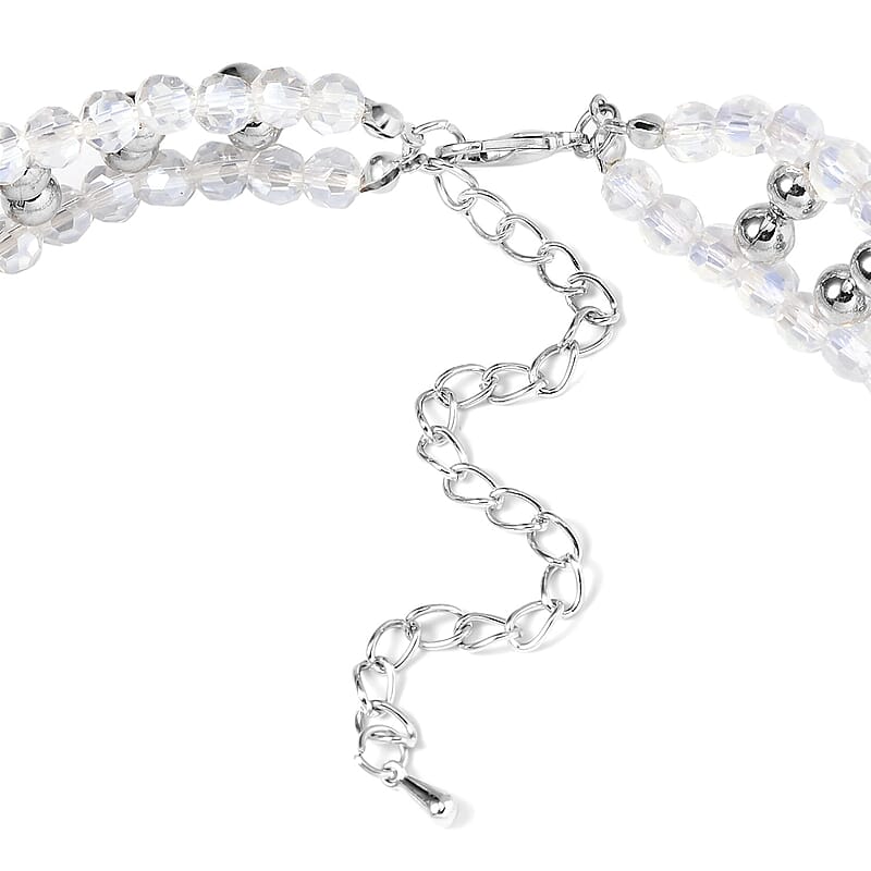 White Aurora Borealis Glass, Resin Waterfall Necklace 16-20 Inches and Earrings in Silvertone & Stainless Steel