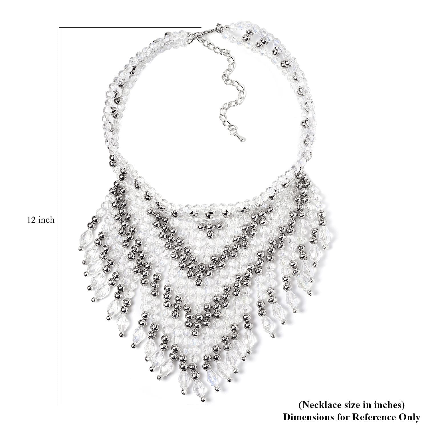 White Aurora Borealis Glass, Resin Waterfall Necklace 16-20 Inches and Earrings in Silvertone & Stainless Steel