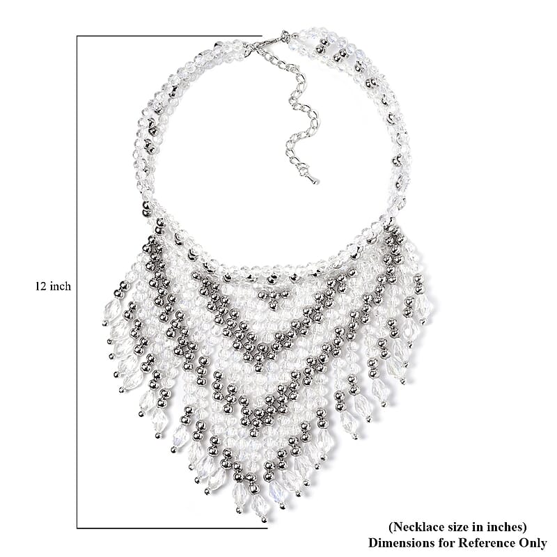 White Aurora Borealis Glass, Resin Waterfall Necklace 16-20 Inches and Earrings in Silvertone & Stainless Steel