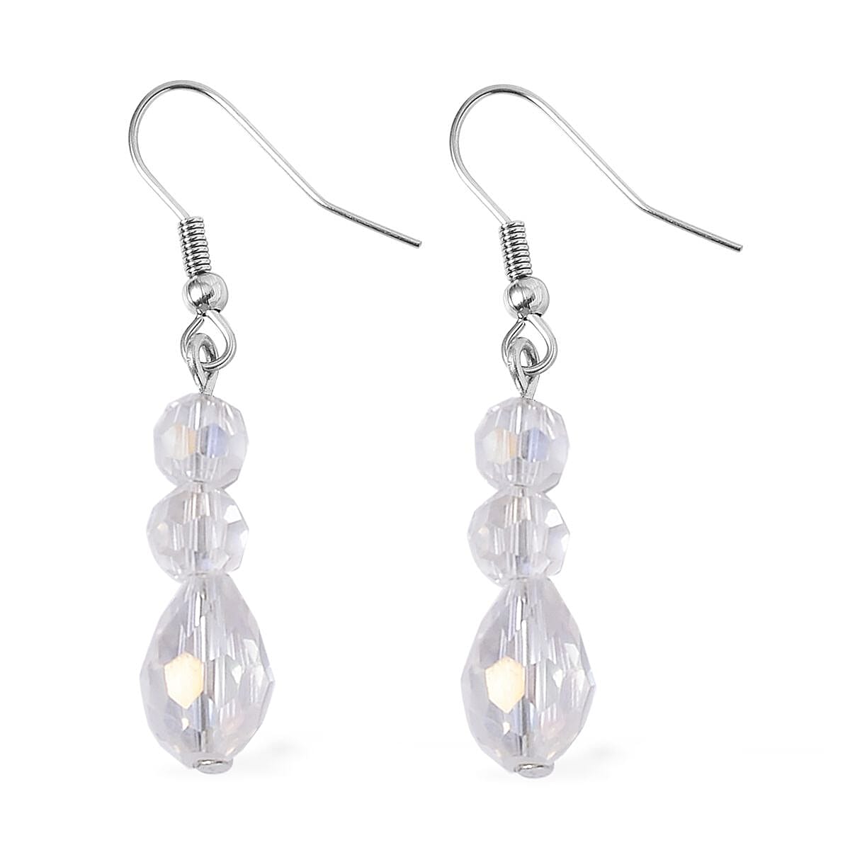 White Aurora Borealis Glass, Resin Waterfall Necklace 16-20 Inches and Earrings in Silvertone & Stainless Steel