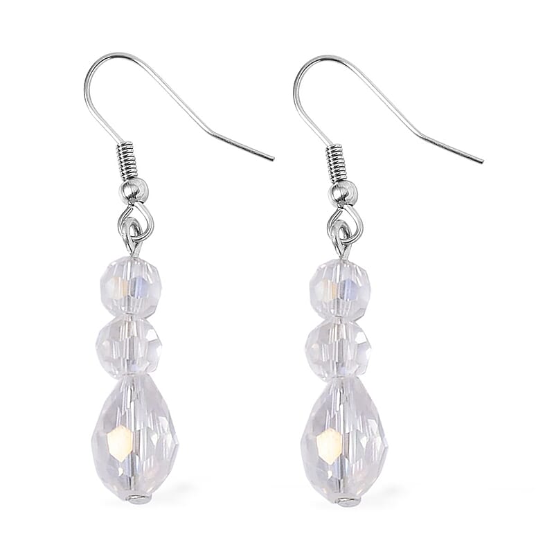 White Aurora Borealis Glass, Resin Waterfall Necklace 16-20 Inches and Earrings in Silvertone & Stainless Steel