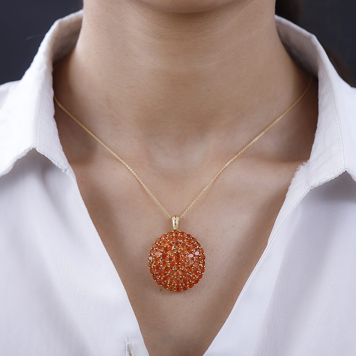 Premium Mexican Fire Opal Pendant Necklace 20 Inches in Vermeil Yellow Gold Over Sterling Silver 6.50 ctw image number 2