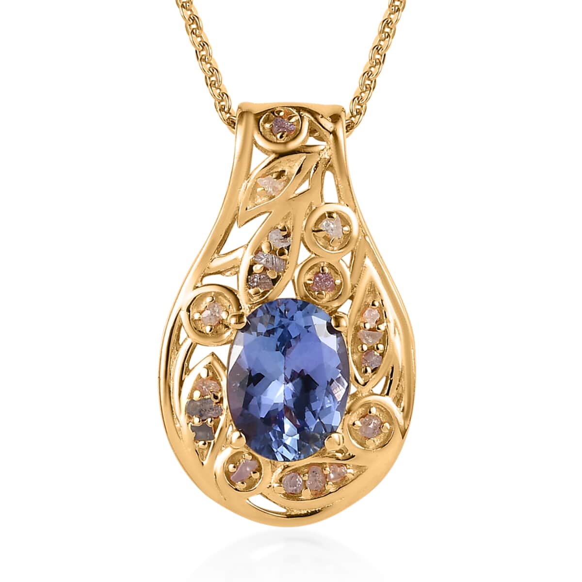 Tanzanite and Uncut Natural Pink Diamond Pendant Necklace 20 Inches in Vermeil Yellow Gold Over Sterling Silver 1.25 ctw image number 0