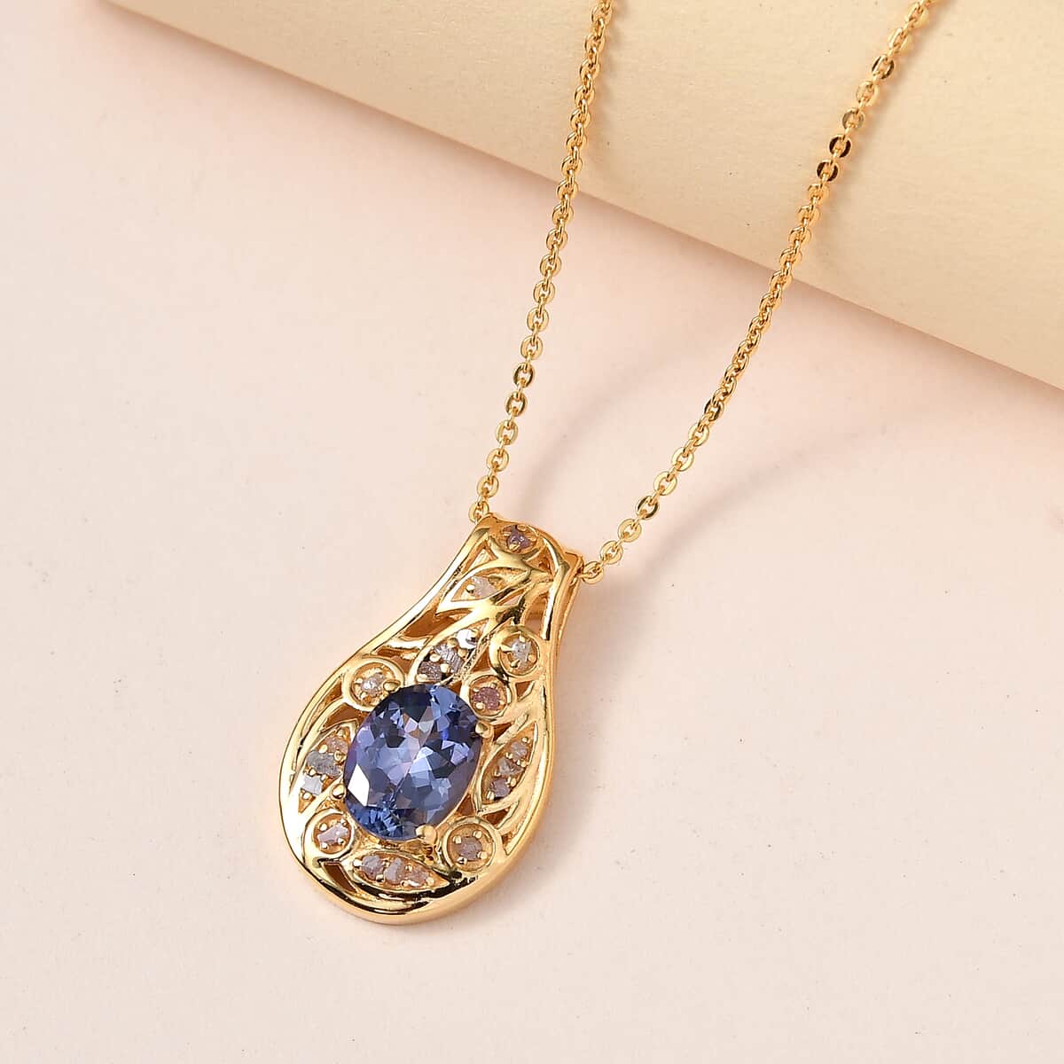 Tanzanite and Uncut Natural Pink Diamond Pendant Necklace 20 Inches in Vermeil Yellow Gold Over Sterling Silver 1.25 ctw image number 1