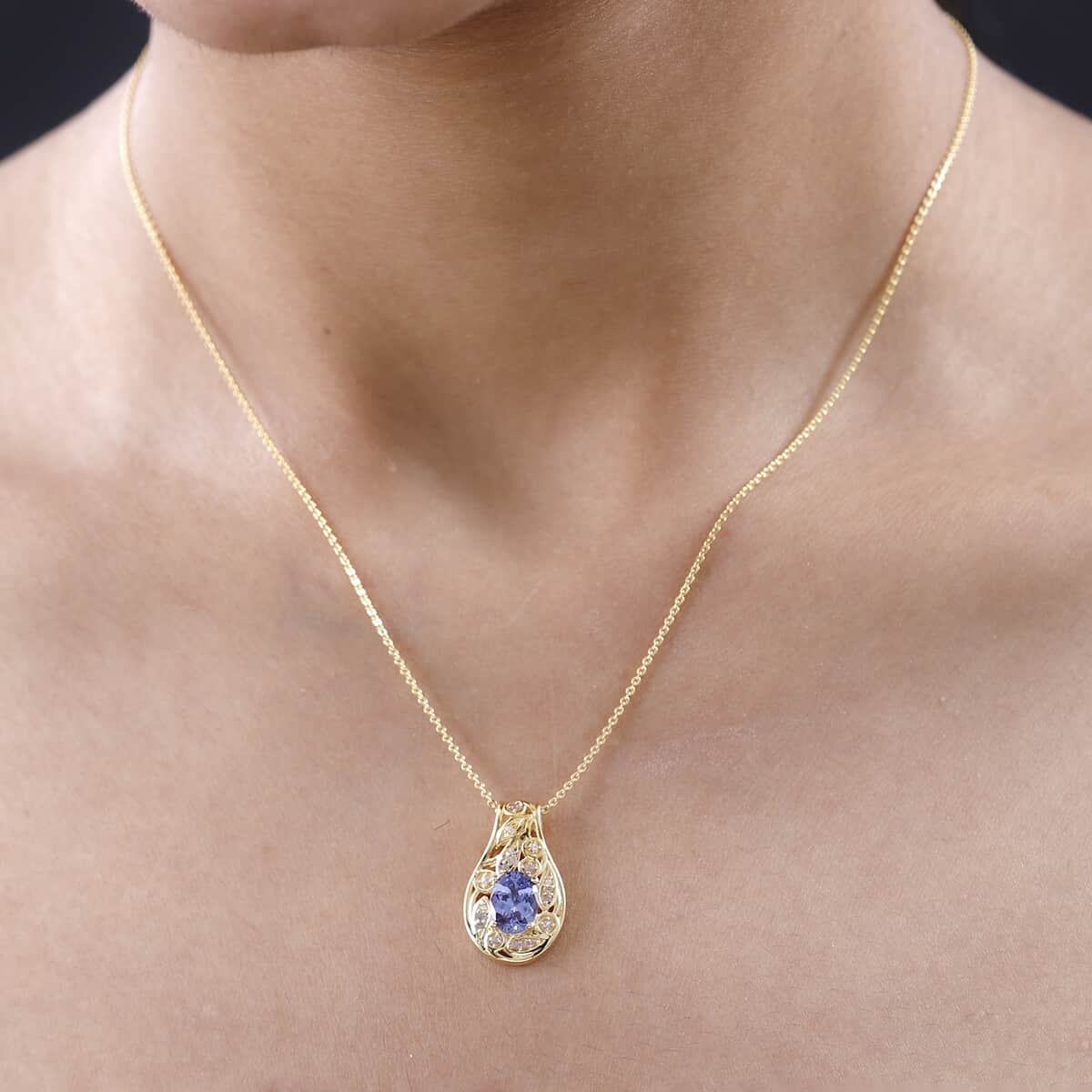 Tanzanite and Uncut Natural Pink Diamond Pendant Necklace 20 Inches in Vermeil Yellow Gold Over Sterling Silver 1.25 ctw image number 2