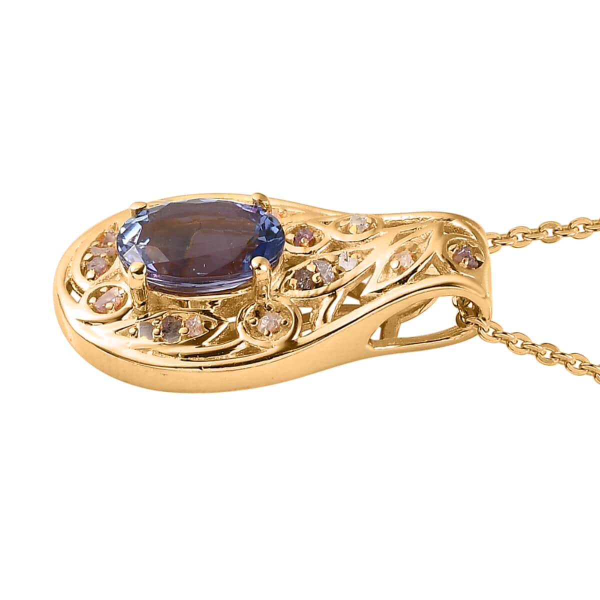 Tanzanite and Uncut Natural Pink Diamond Pendant Necklace 20 Inches in Vermeil Yellow Gold Over Sterling Silver 1.25 ctw image number 3