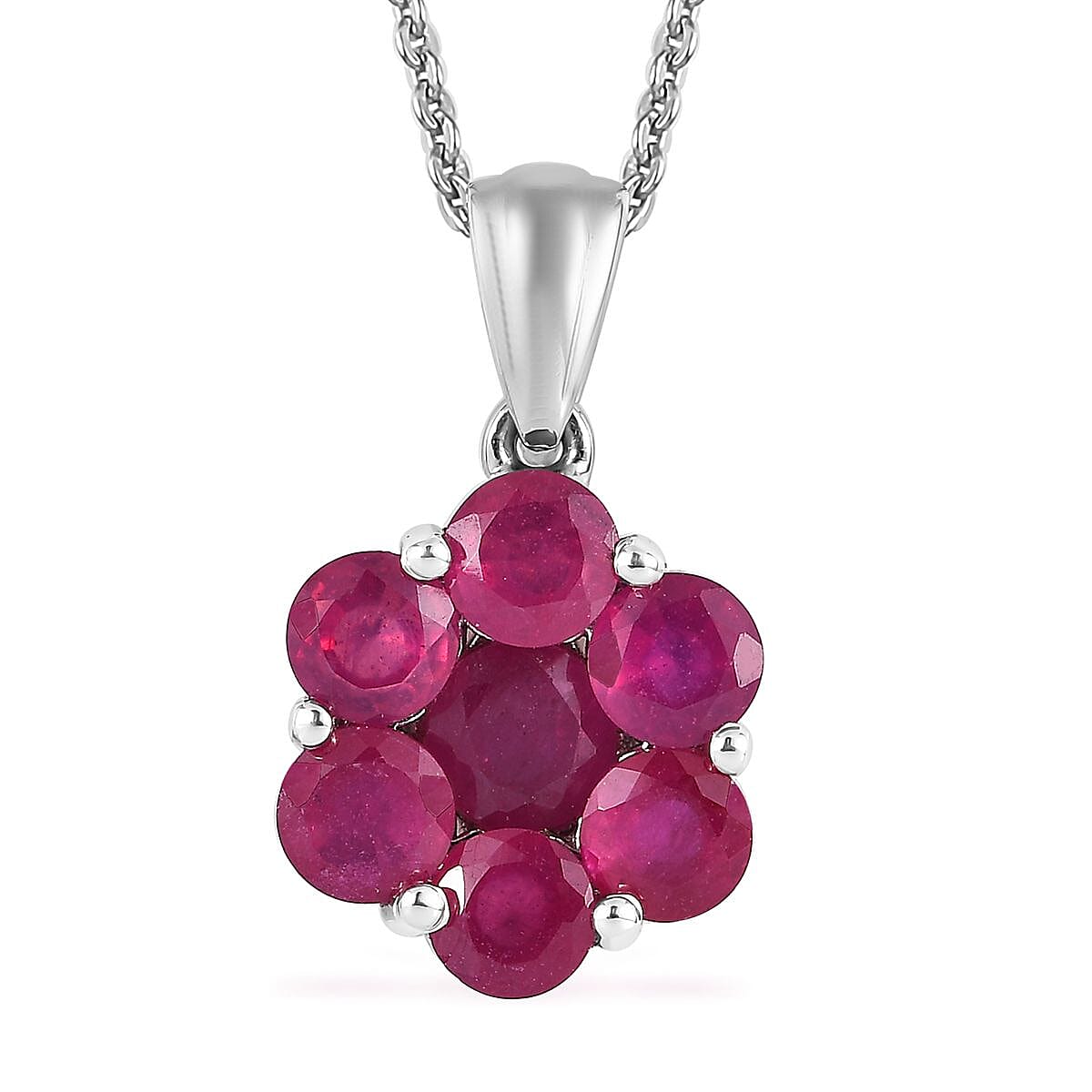 Niassa Ruby (FF) Floral Pendant Necklace 20 Inches in Platinum Over Sterling Silver 4.20 ctw image number 0