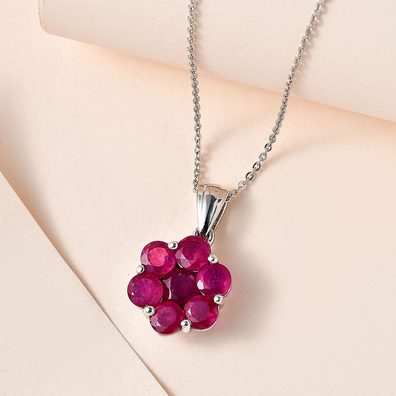 Niassa Ruby (FF) Floral Pendant Necklace 20 Inches in Platinum Over Sterling Silver 4.20 ctw