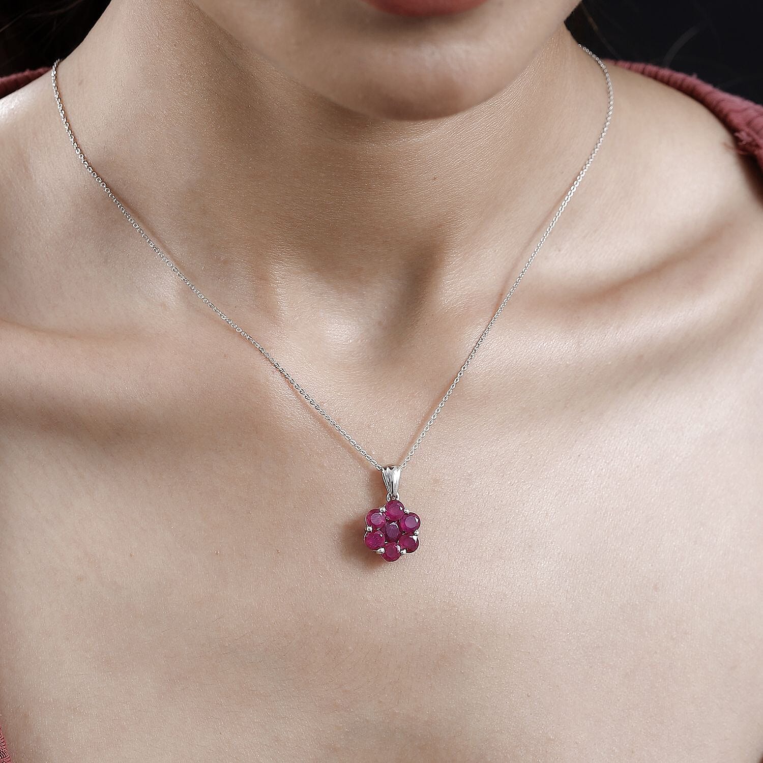 Niassa Ruby (FF) Floral Pendant Necklace 20 Inches in Platinum Over Sterling Silver 4.20 ctw