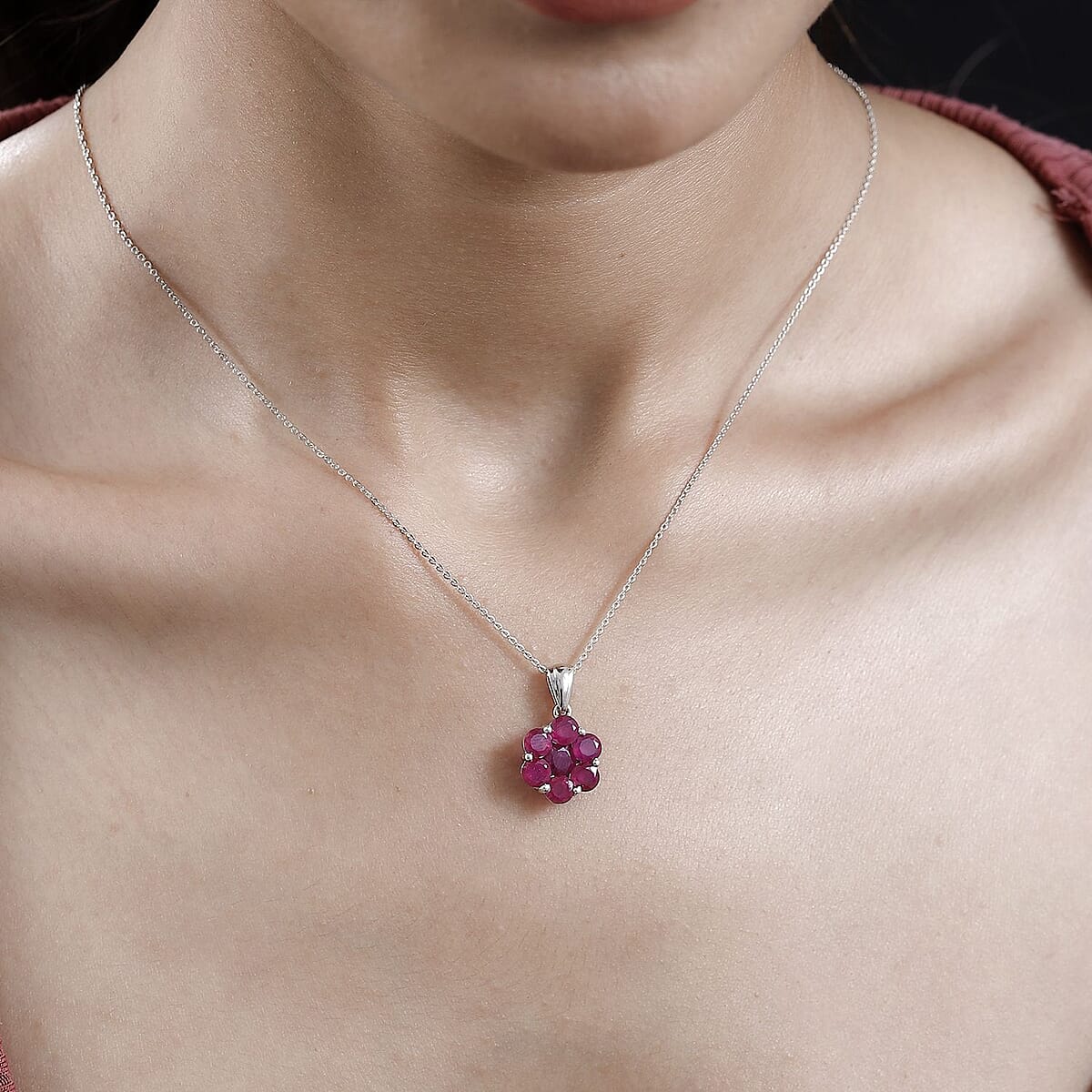 Niassa Ruby (FF) Floral Pendant Necklace 20 Inches in Platinum Over Sterling Silver 4.20 ctw image number 2