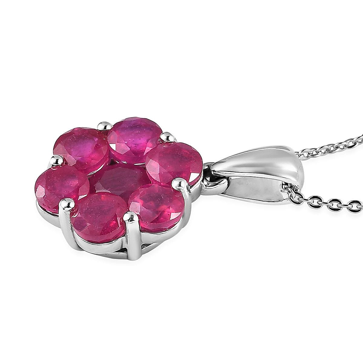 Niassa Ruby (FF) Floral Pendant Necklace 20 Inches in Platinum Over Sterling Silver 4.20 ctw