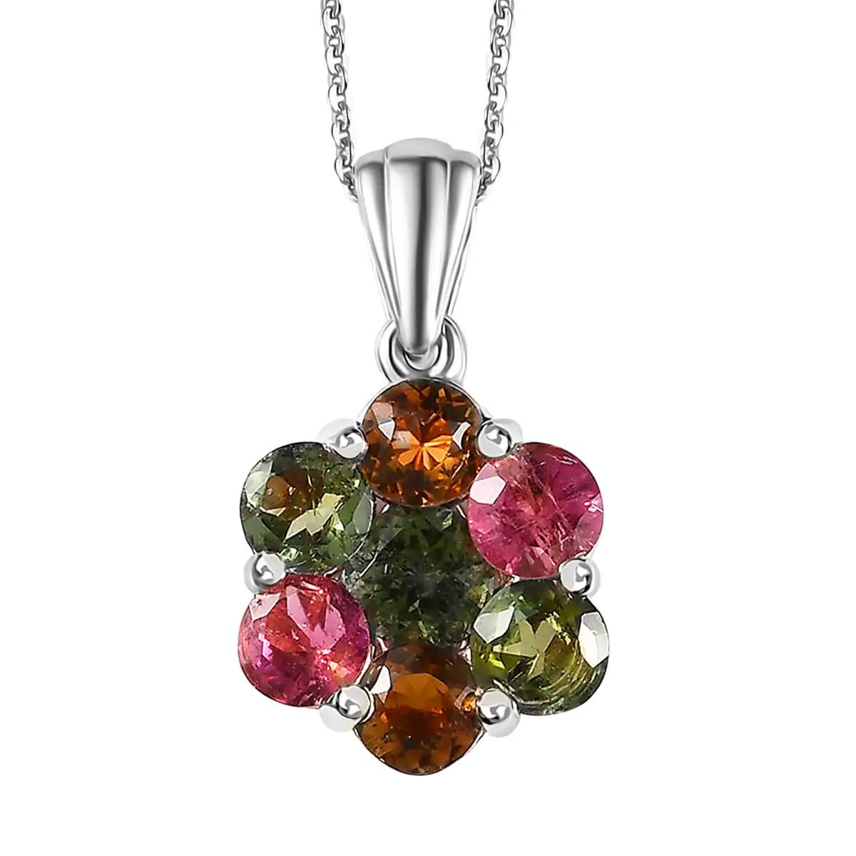Multi-Tourmaline Floral Pendant Necklace, Platinum Over Sterling Silver Necklace in 18 Inch, Tourmaline Jewelry For Her 2.65 ctw image number 0