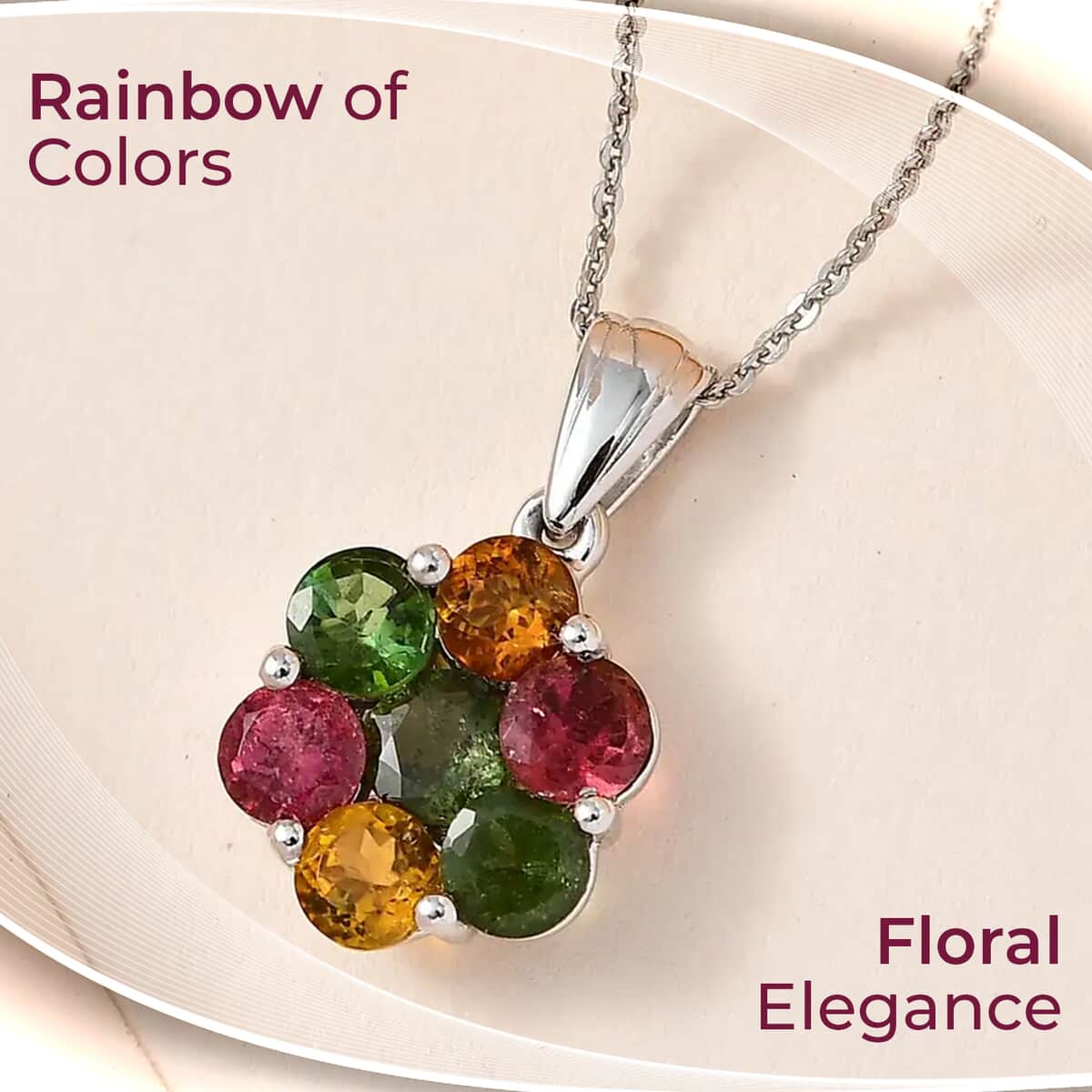 Multi-Tourmaline Floral Pendant Necklace, Platinum Over Sterling Silver Necklace in 18 Inch, Tourmaline Jewelry For Her 2.65 ctw image number 1