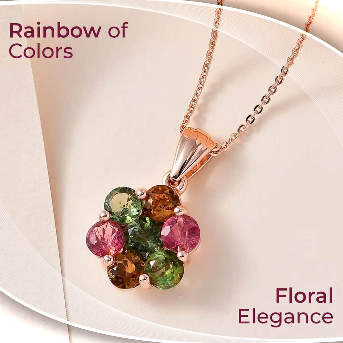 Multi-Tourmaline Floral Pendant Necklace, Vermeil Rose Gold Over Sterling Silver Necklace in 18 Inch, Tourmaline Jewelry For Her 2.65 ctw image number 1