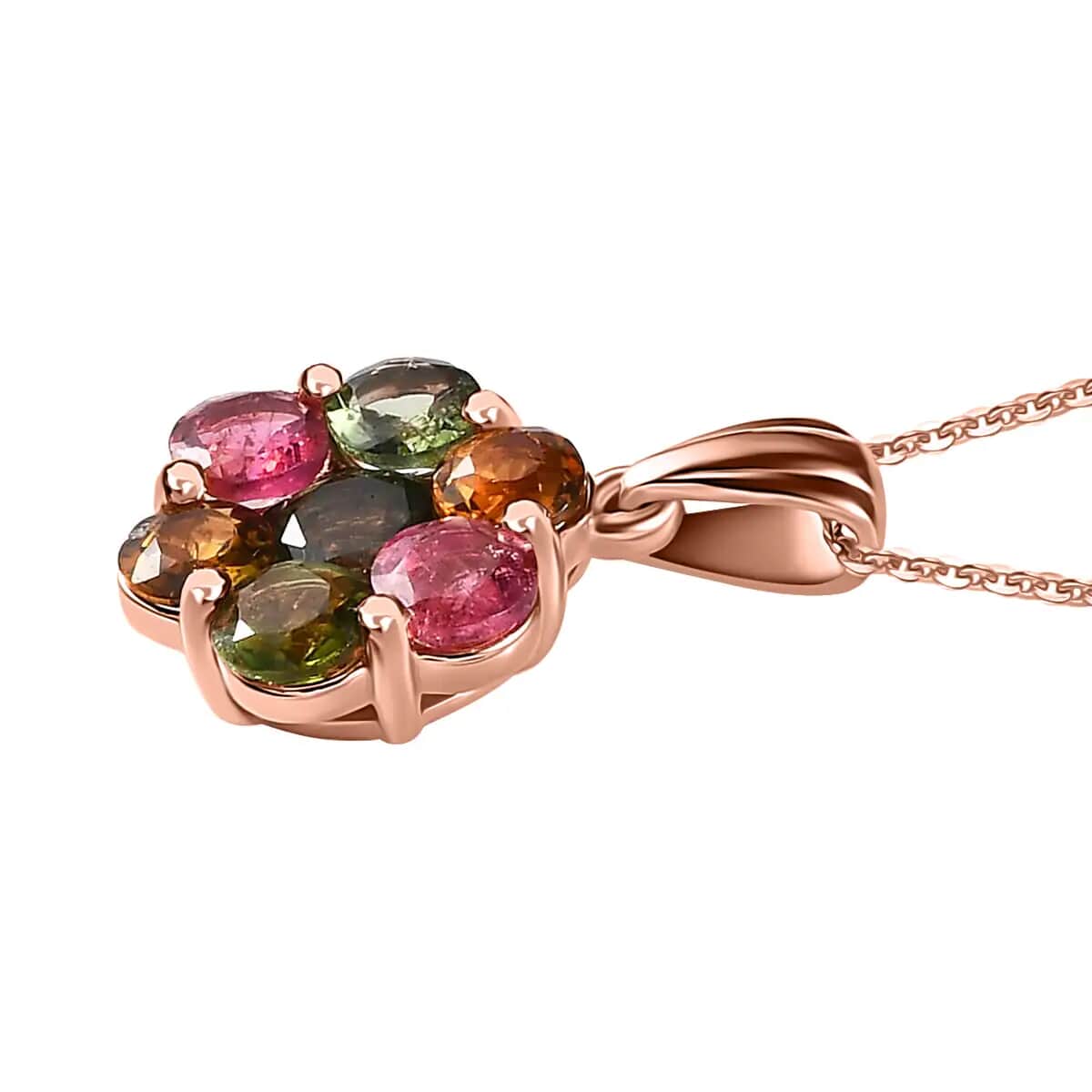 Multi-Tourmaline Floral Pendant Necklace, Vermeil Rose Gold Over Sterling Silver Necklace in 18 Inch, Tourmaline Jewelry For Her 2.65 ctw image number 3