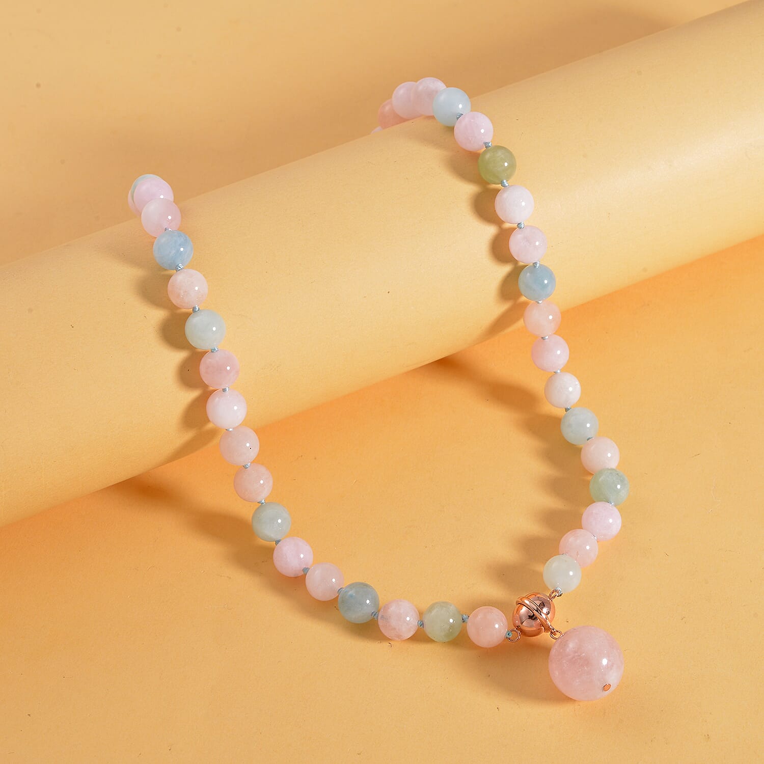 Pink Morganite, Aquamarine, Heliodor Beaded Necklace 18 Inches and Charm in 14K RG and Rhodium Over Sterling Silver 245.00 ctw