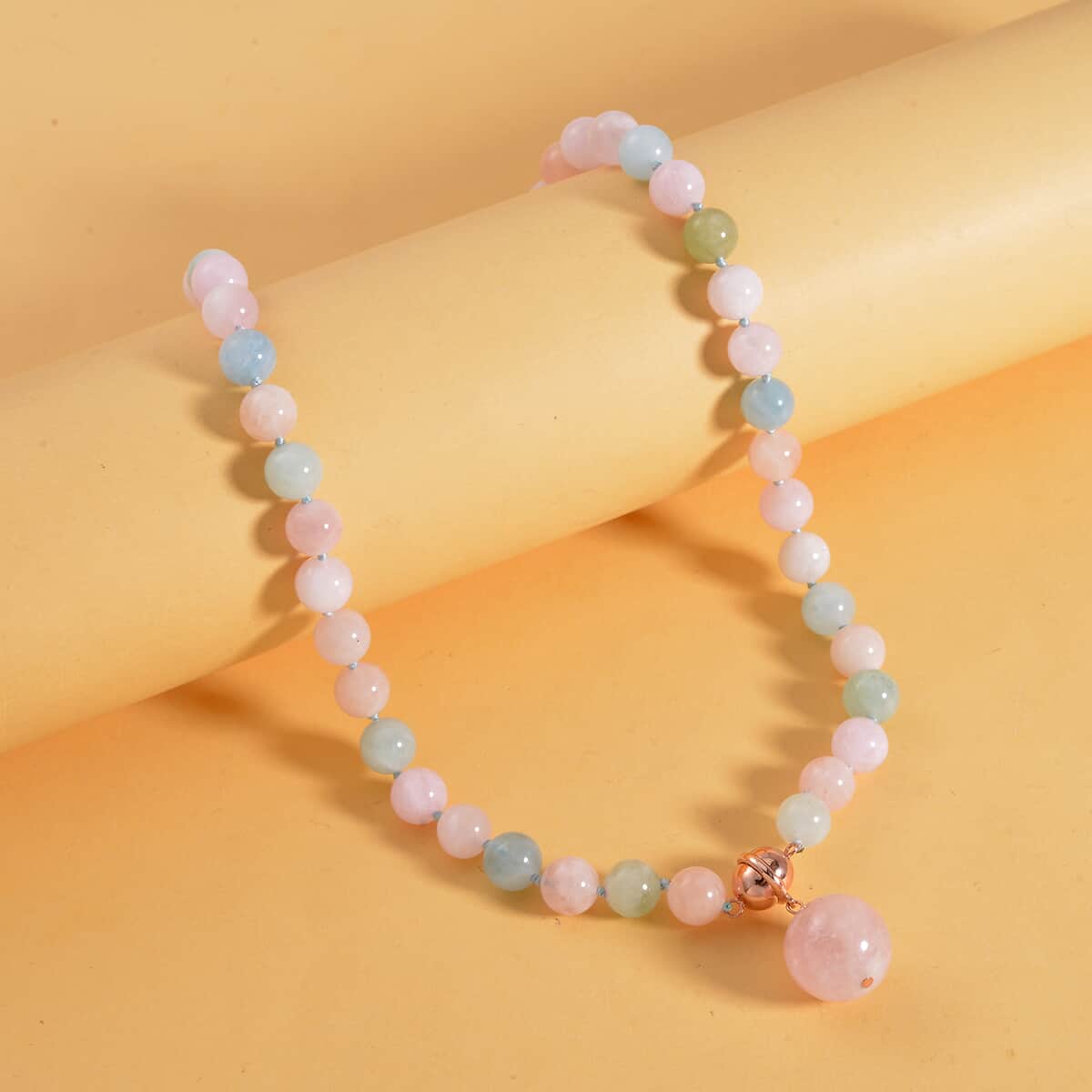 Pink Morganite, Aquamarine, Heliodor Beaded Necklace 18 Inches and Charm in 14K RG and Rhodium Over Sterling Silver 245.00 ctw image number 1