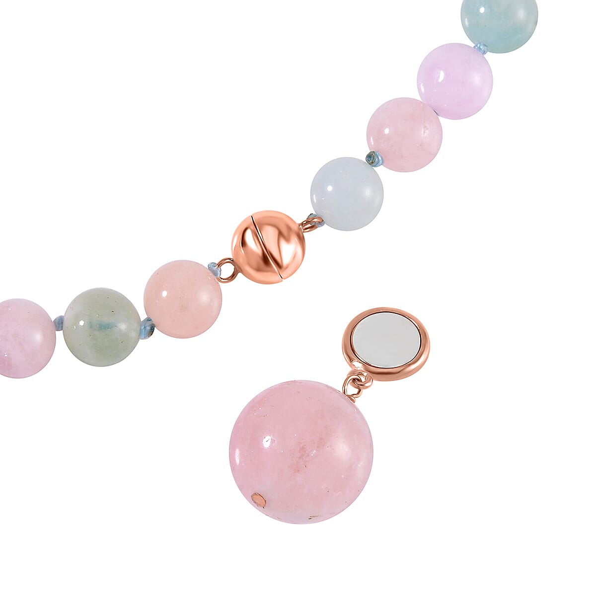 Pink Morganite, Aquamarine, Heliodor Beaded Necklace 18 Inches and Charm in 14K RG and Rhodium Over Sterling Silver 245.00 ctw