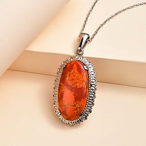 Mojave Orange Turquoise Pendant Necklace 20 Inches in Stainless Steel 17.15 ctw
