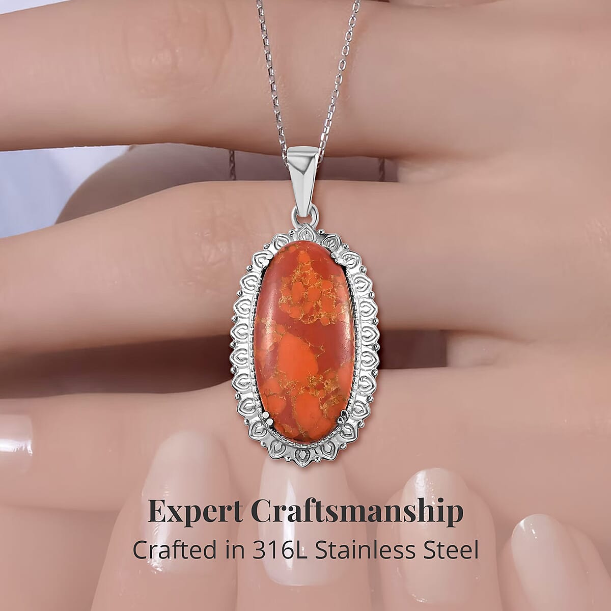 Mojave Orange Turquoise Pendant Necklace 20 Inches in Stainless Steel 17.15 ctw image number 3