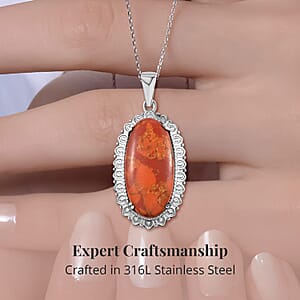 Mojave Orange Turquoise Pendant Necklace 20 Inches in Stainless Steel 17.15 ctw