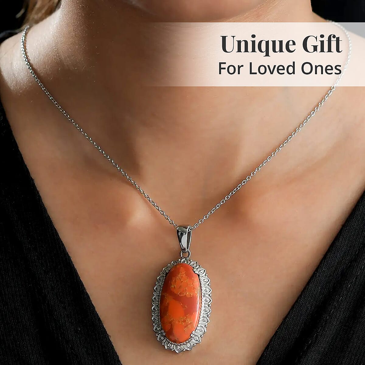 Mojave Orange Turquoise Pendant Necklace 20 Inches in Stainless Steel 17.15 ctw image number 4