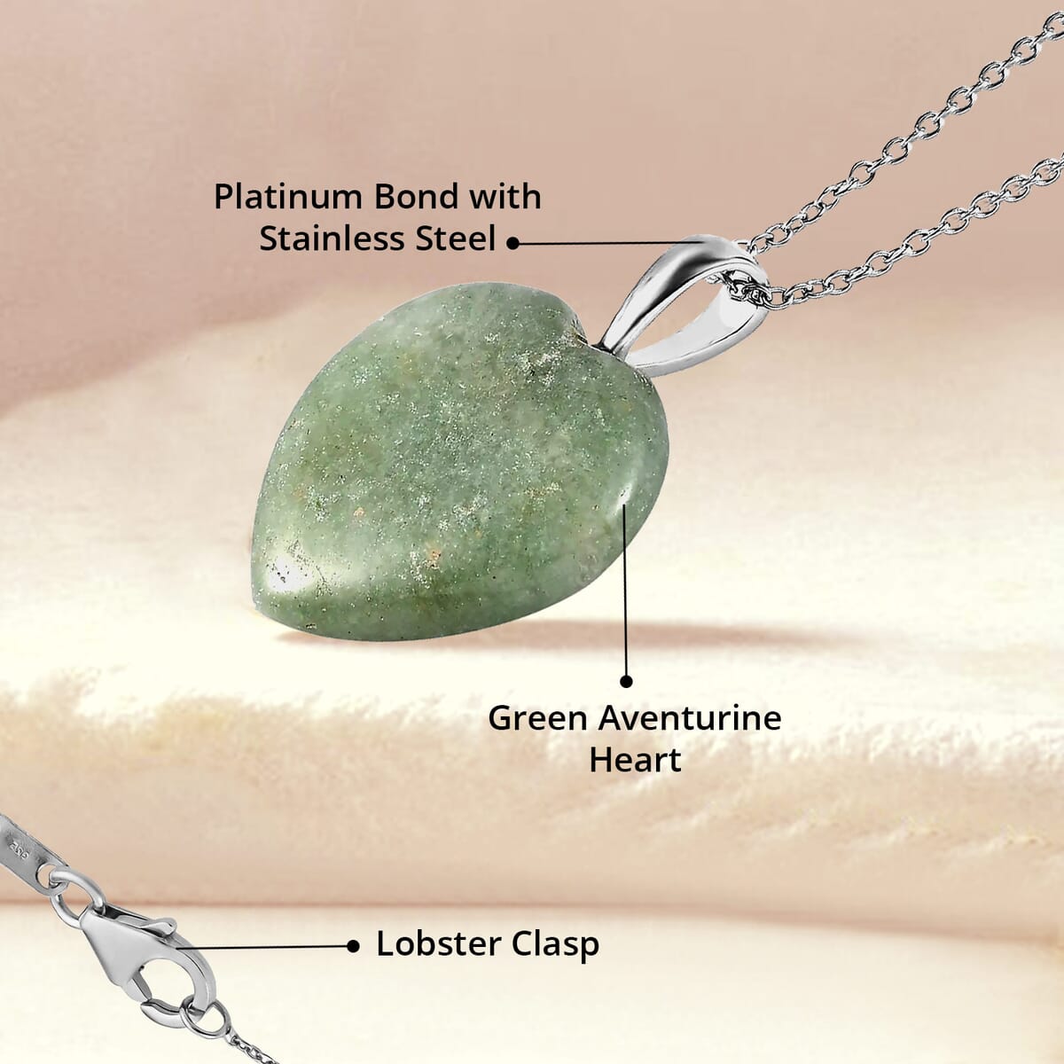 Karis Green Aventurine Heart Pendant Necklace 20 Inches in Platinum Bond and Stainless Steel 46.90 ctw image number 4