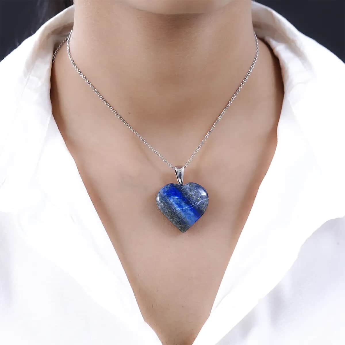 Karis Lapis Lazuli Heart Pendant in Platinum Bond with Stainless Steel Necklace 20 Inches 54.65 ctw image number 7