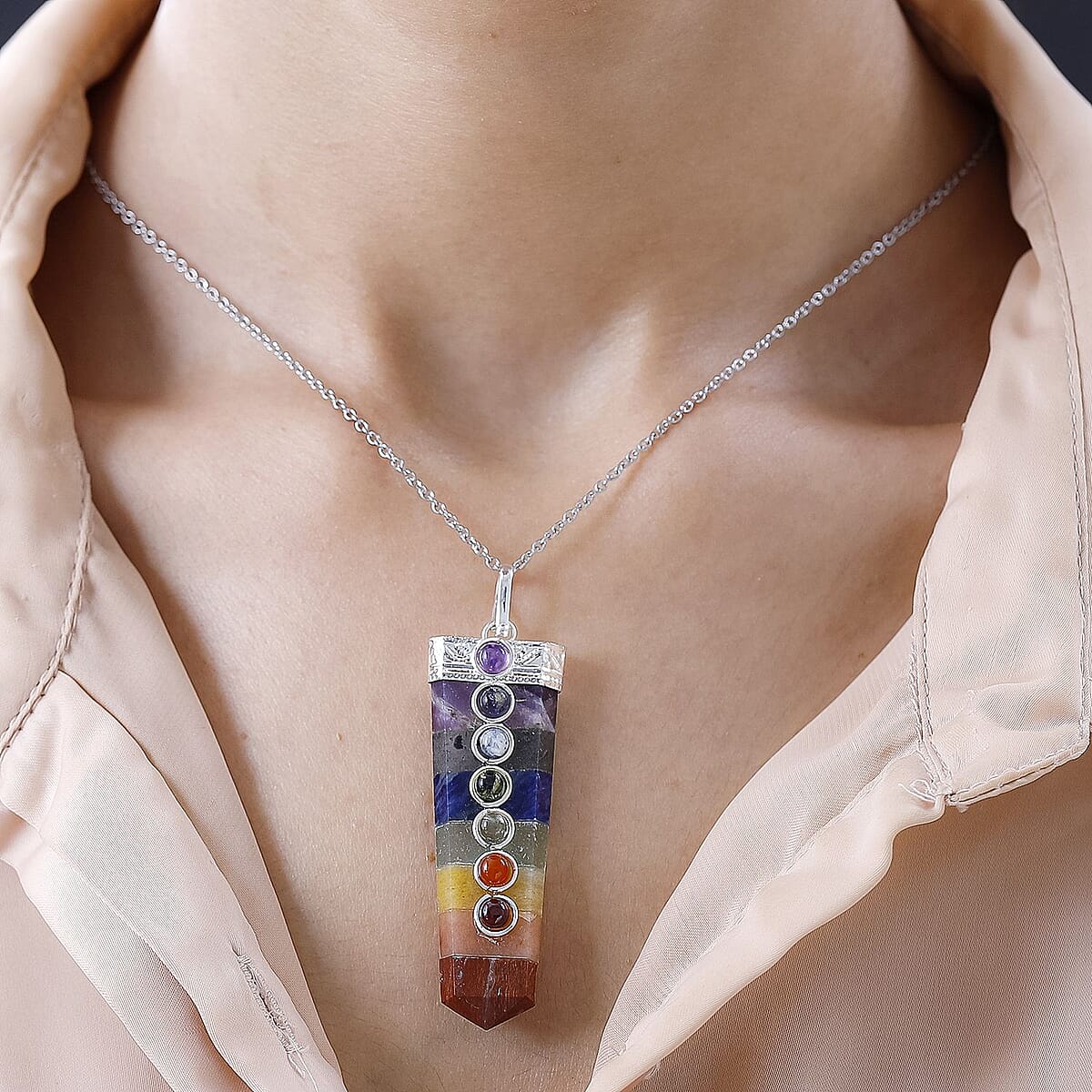 Karis Sinuate Cabs and Multi Gemstone Pendant in Platinum Bond with Stainless Steel Necklace 20 Inches 41.40 ctw image number 1