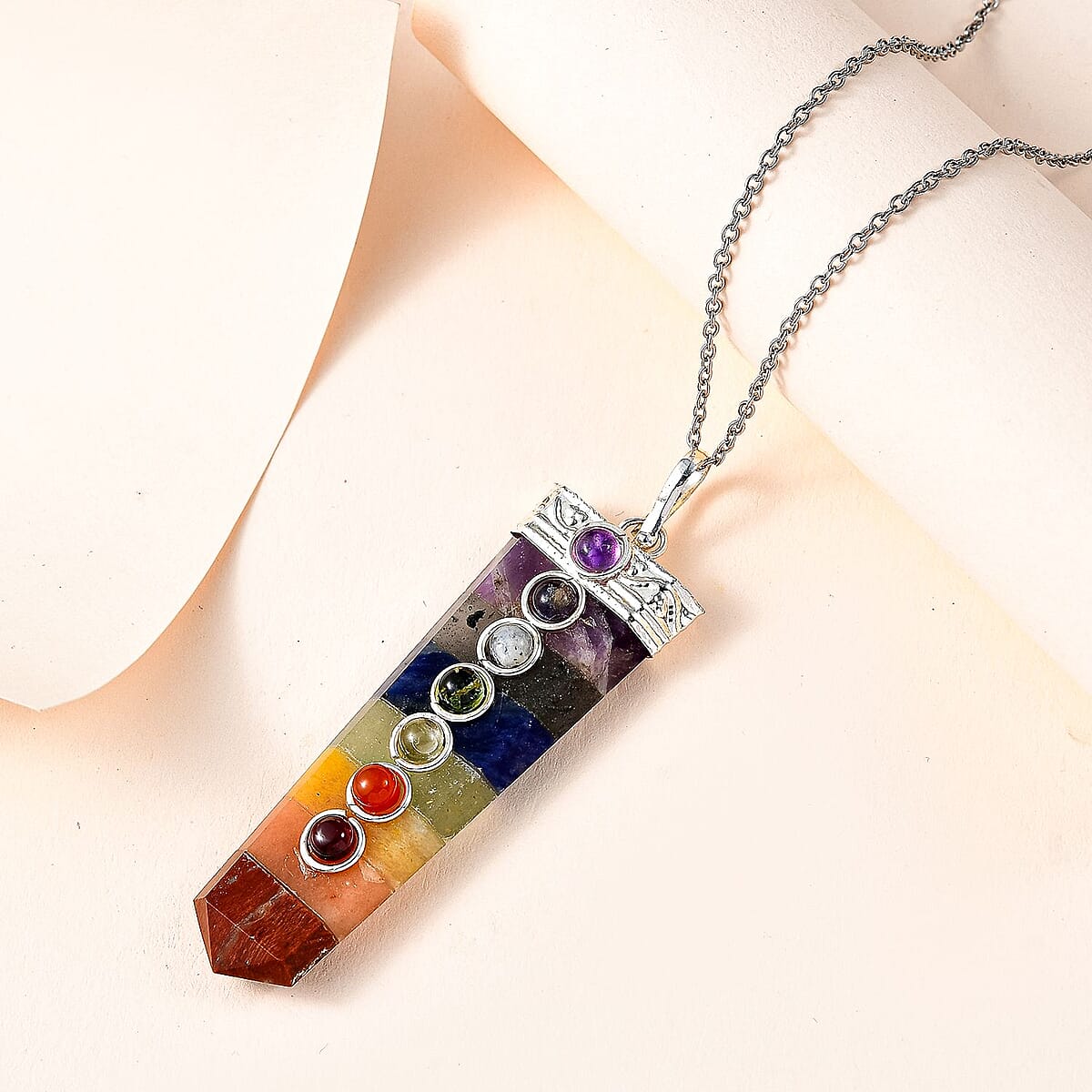 Karis Sinuate Cabs and Multi Gemstone Pendant in Platinum Bond with Stainless Steel Necklace 20 Inches 41.40 ctw image number 2