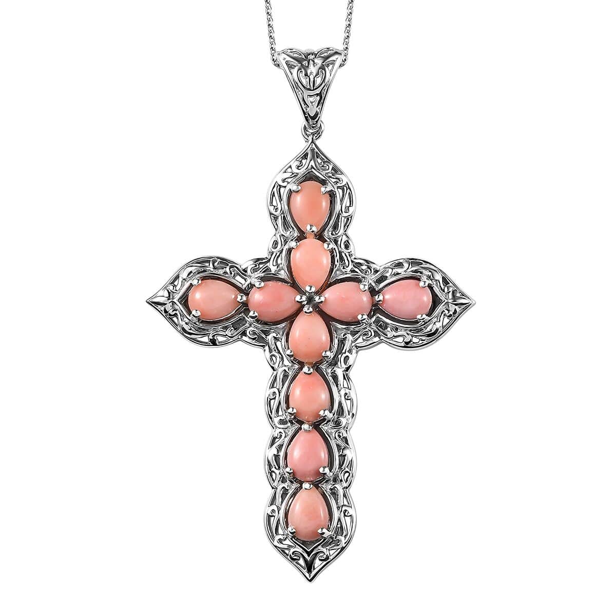 Oregon Peach Opal Cross Pendant Necklace 20 Inches in Platinum Over Sterling Silver 5.20 ctw image number 0