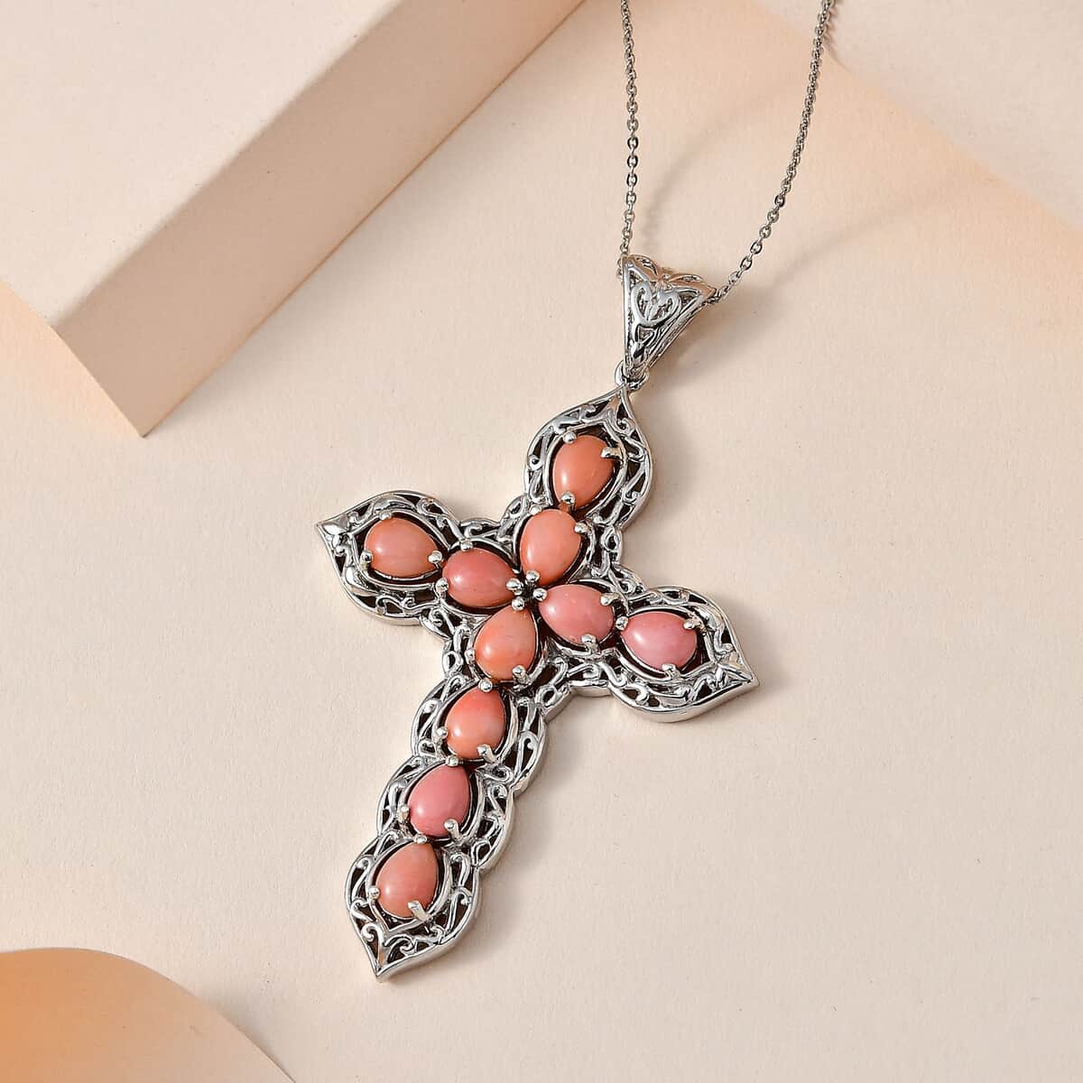 Oregon Peach Opal Cross Pendant Necklace 20 Inches in Platinum Over Sterling Silver 5.20 ctw image number 1