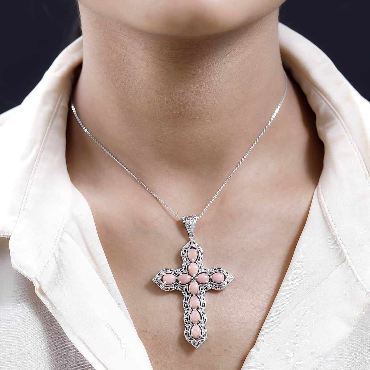 Oregon Peach Opal Cross Pendant Necklace 20 Inches in Platinum Over Sterling Silver 5.20 ctw image number 2