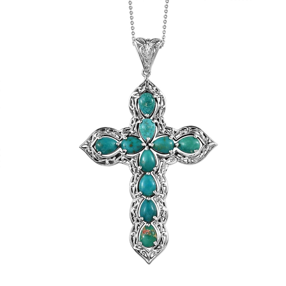 Nevada Turquoise Cross Pendant Necklace 20 Inches in Platinum Over Sterling Silver 6.50 ctw image number 0