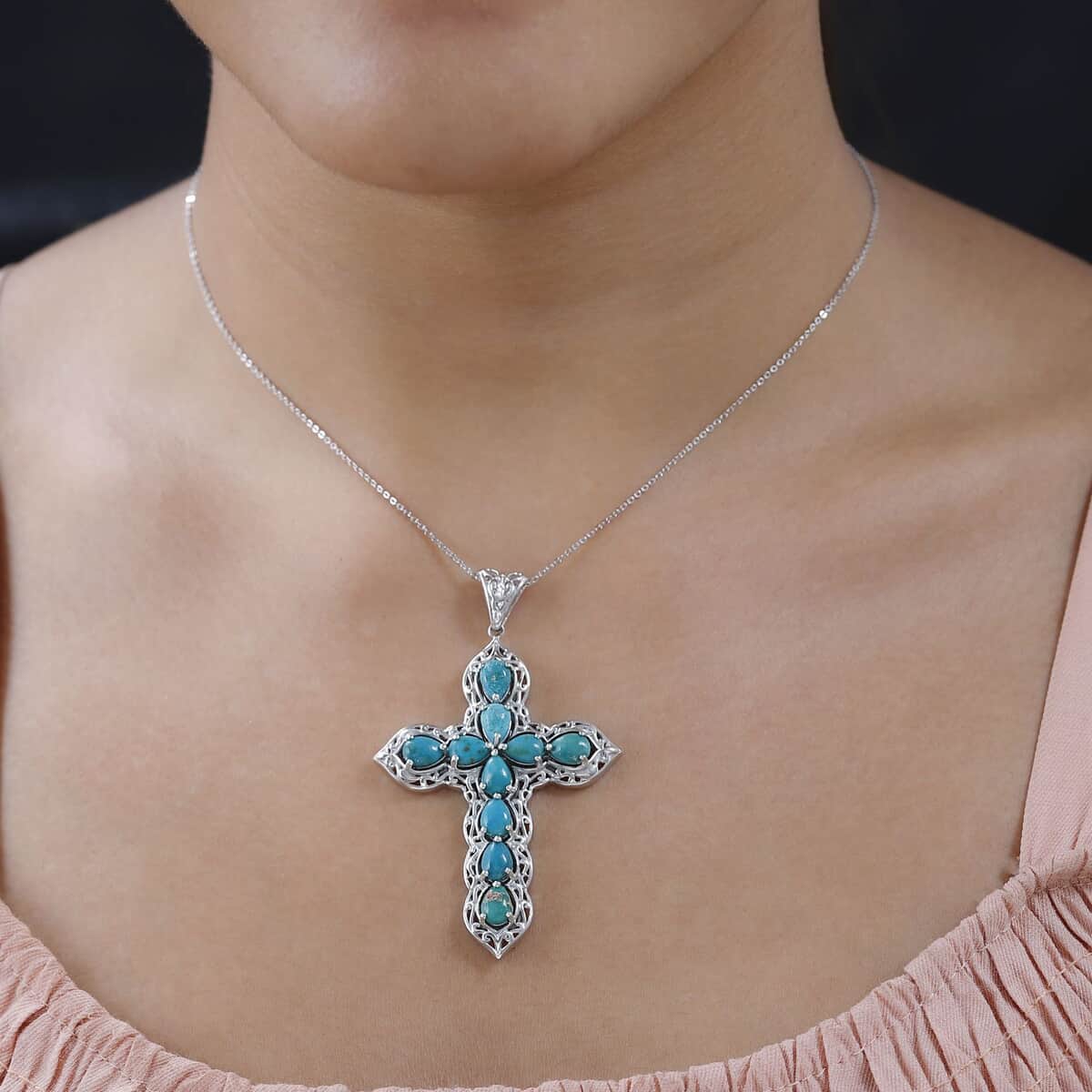 Nevada Turquoise Cross Pendant Necklace 20 Inches in Platinum Over Sterling Silver 6.50 ctw image number 2