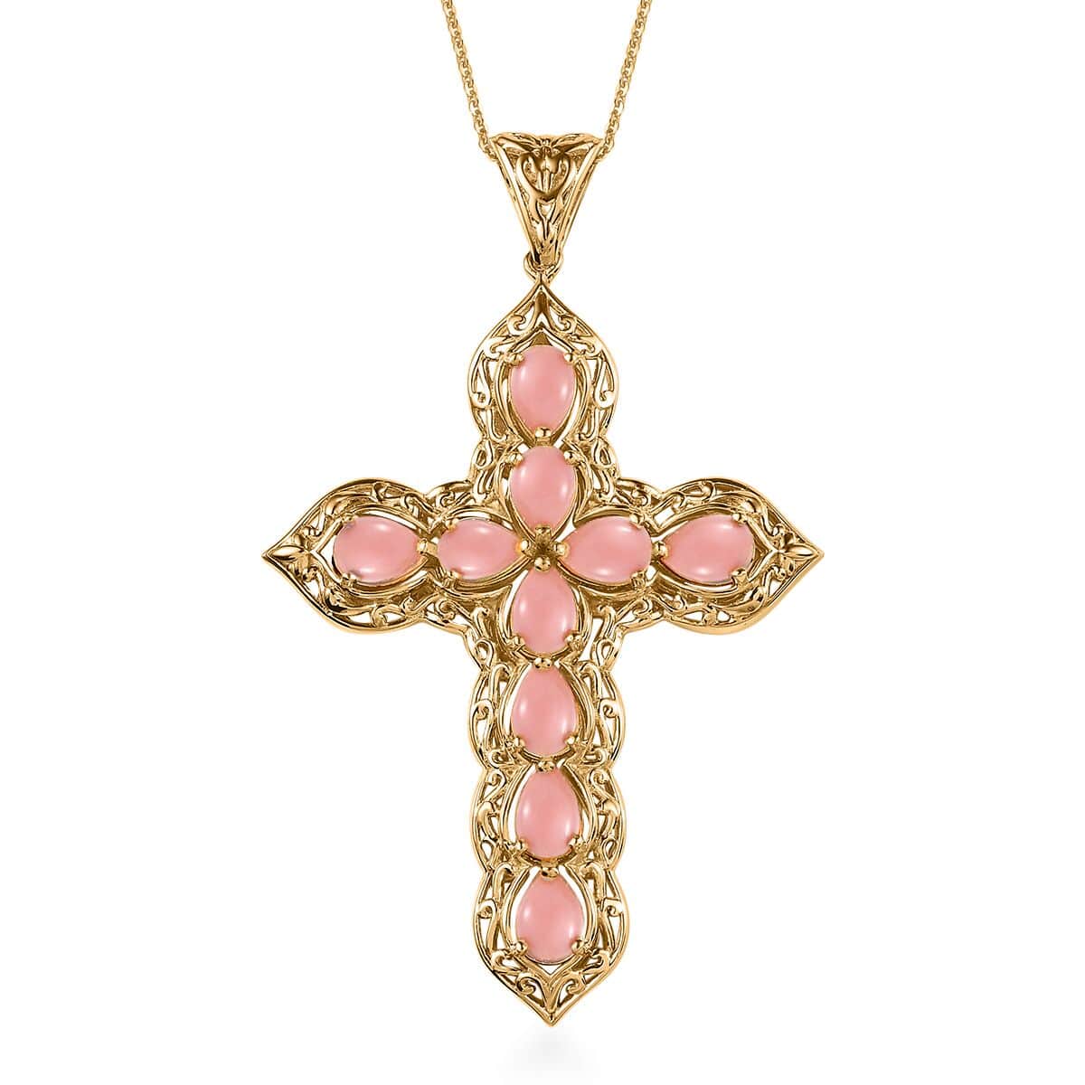 Oregon Peach Opal Cross Pendant Necklace 20 Inches in Vermeil Yellow Gold Over Sterling Silver 5.20 ctw image number 0