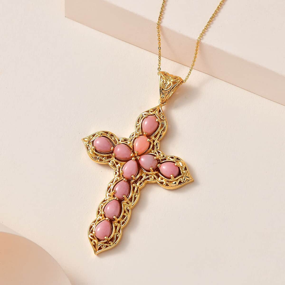 Oregon Peach Opal Cross Pendant Necklace 20 Inches in Vermeil Yellow Gold Over Sterling Silver 5.20 ctw image number 1