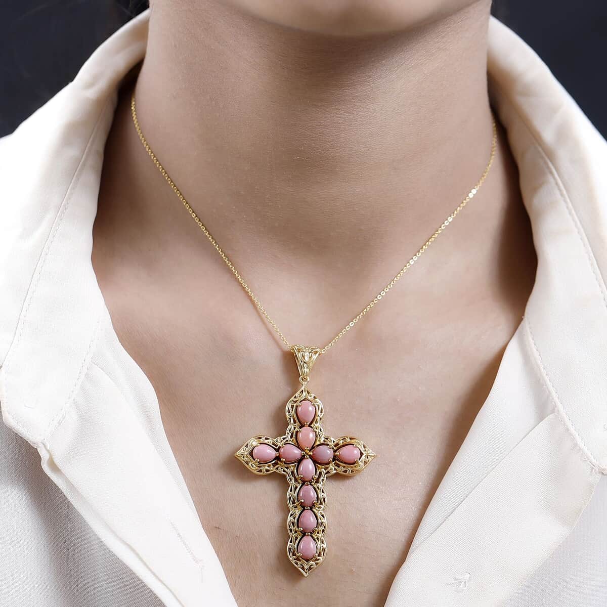 Oregon Peach Opal Cross Pendant Necklace 20 Inches in Vermeil Yellow Gold Over Sterling Silver 5.20 ctw image number 2