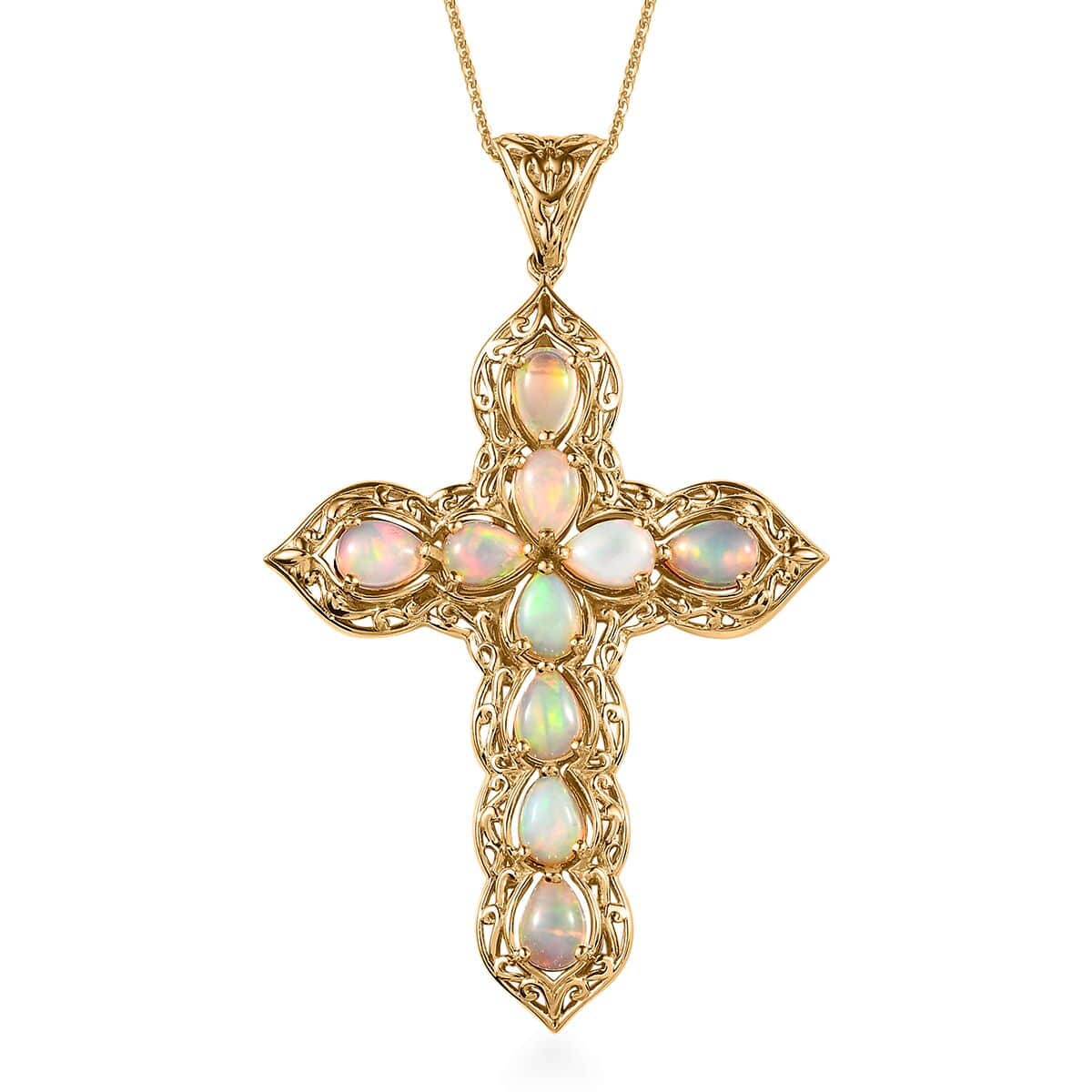 Ethiopian Welo Opal Cross Pendant Necklace 20 Inches in Vermeil Yellow Gold Over Sterling Silver 5.00 ctw image number 0